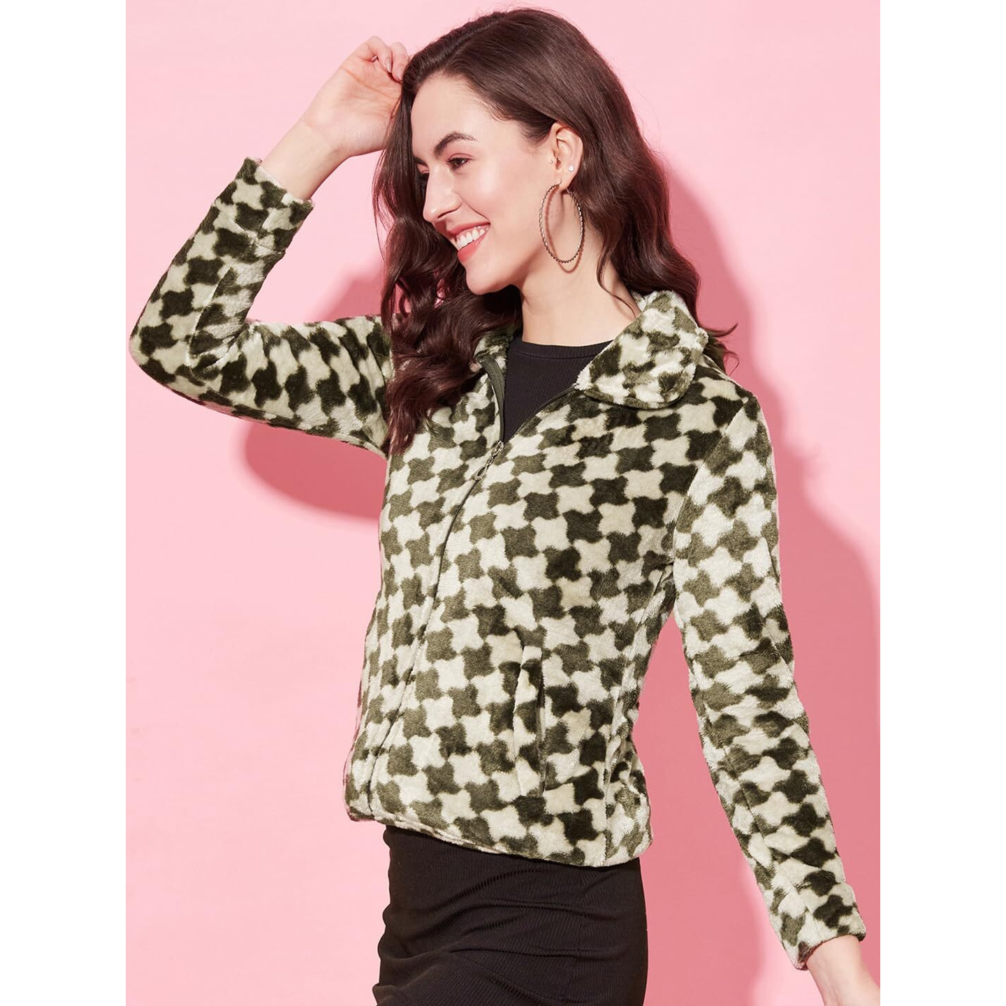 Modeve Full Sleeve Self Design Women Jacket-Olive