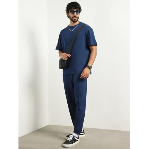 Moses Navy Oversized T-Shirt & Joggers Co Ord Set(1M-Lwcs-R0079-Nb7_Navy Blue_3Xl)