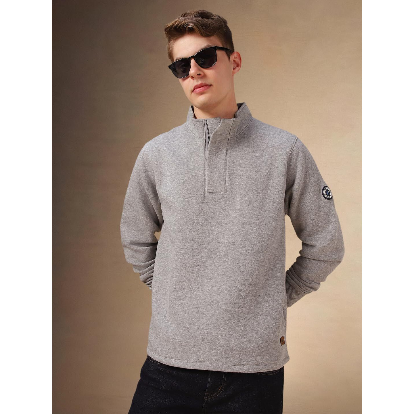 Dennis Lingo Men Grey Solid Cotton Relaxed Fit Full Sleeve Sweatshirt