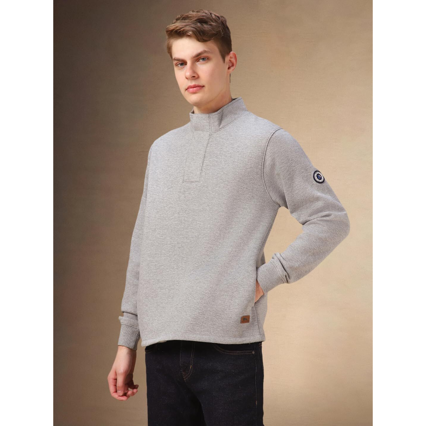Dennis Lingo Men Grey Solid Cotton Relaxed Fit Full Sleeve Sweatshirt