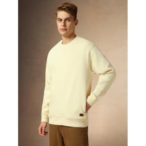Dennis Lingo Men Off-White Solid Relaxed Fit Full Sleeve Mock Collar Sweatshirt