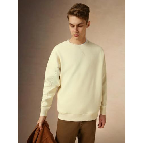 Dennis Lingo Men Off-White Solid Relaxed Fit Full Sleeve Mock Collar Sweatshirt