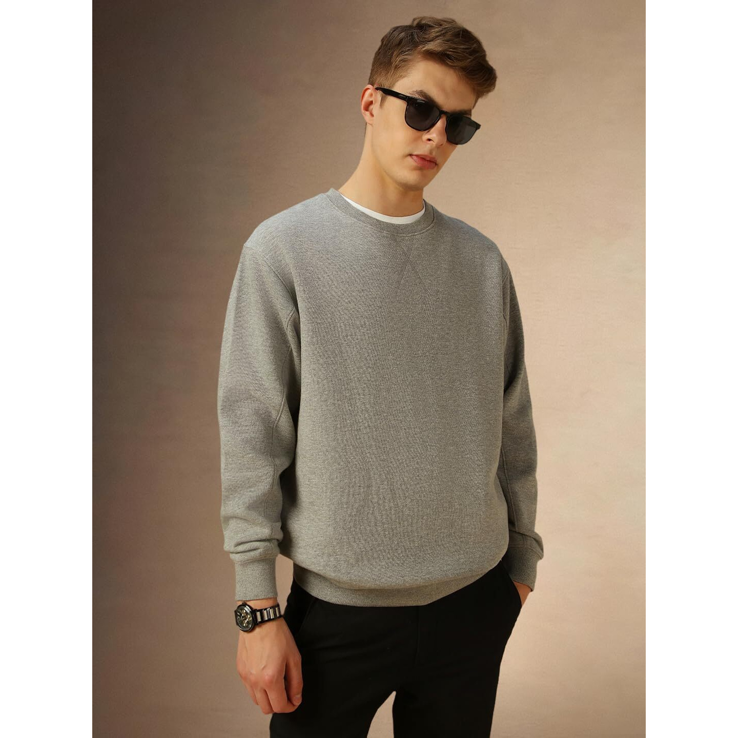 Dennis Lingo Men Grey Solid Cotton Relaxed Fit Full Sleeve Sweatshirt