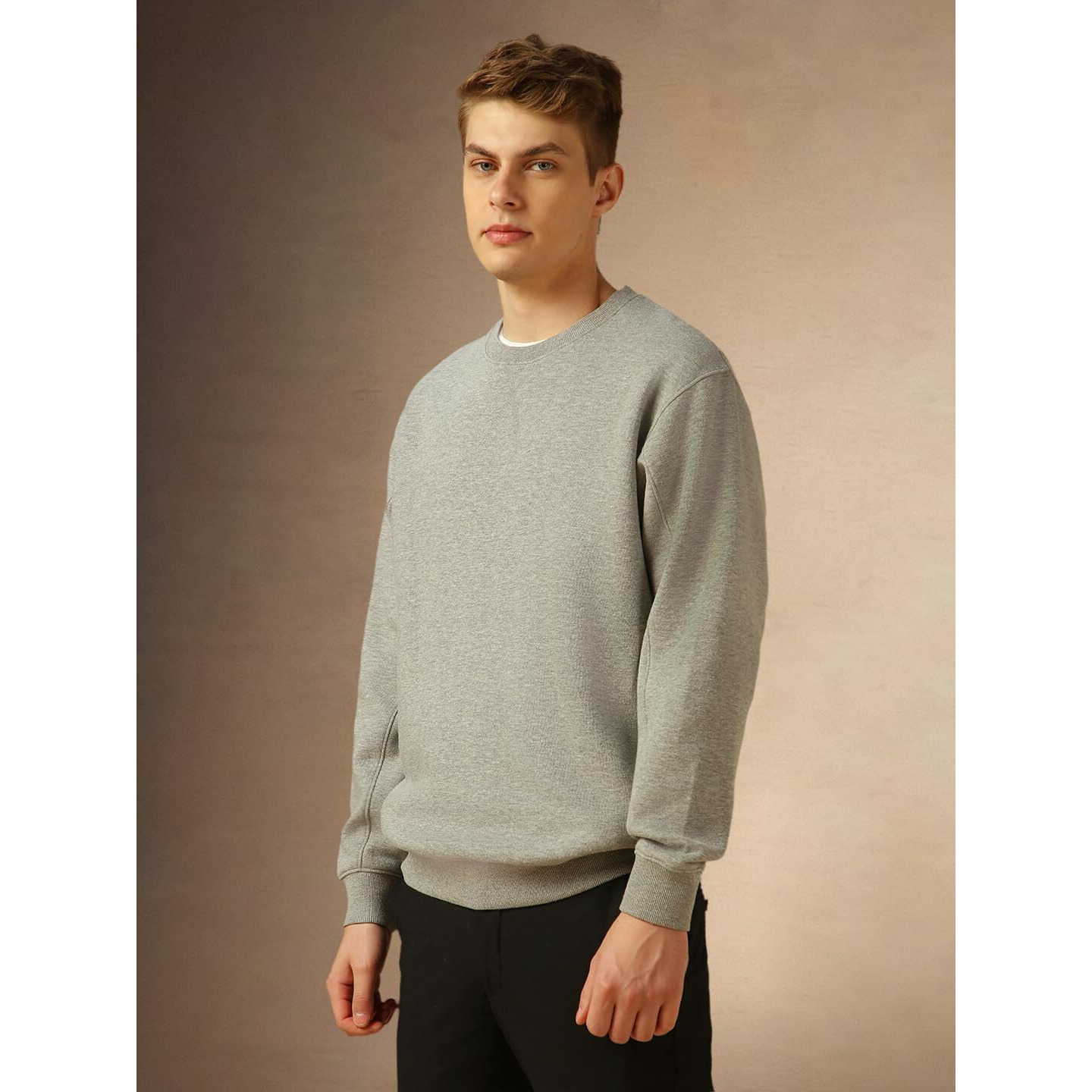 Dennis Lingo Men Grey Solid Cotton Relaxed Fit Full Sleeve Sweatshirt