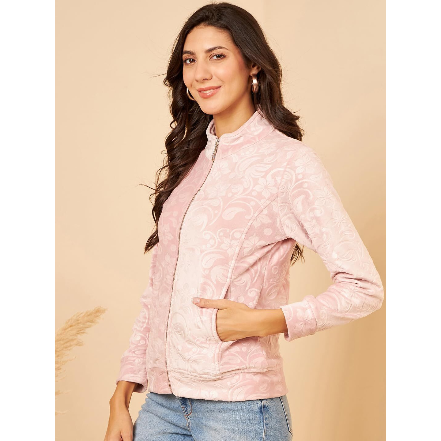 Modeve Full Sleeve Printed Women Jacket -Pink