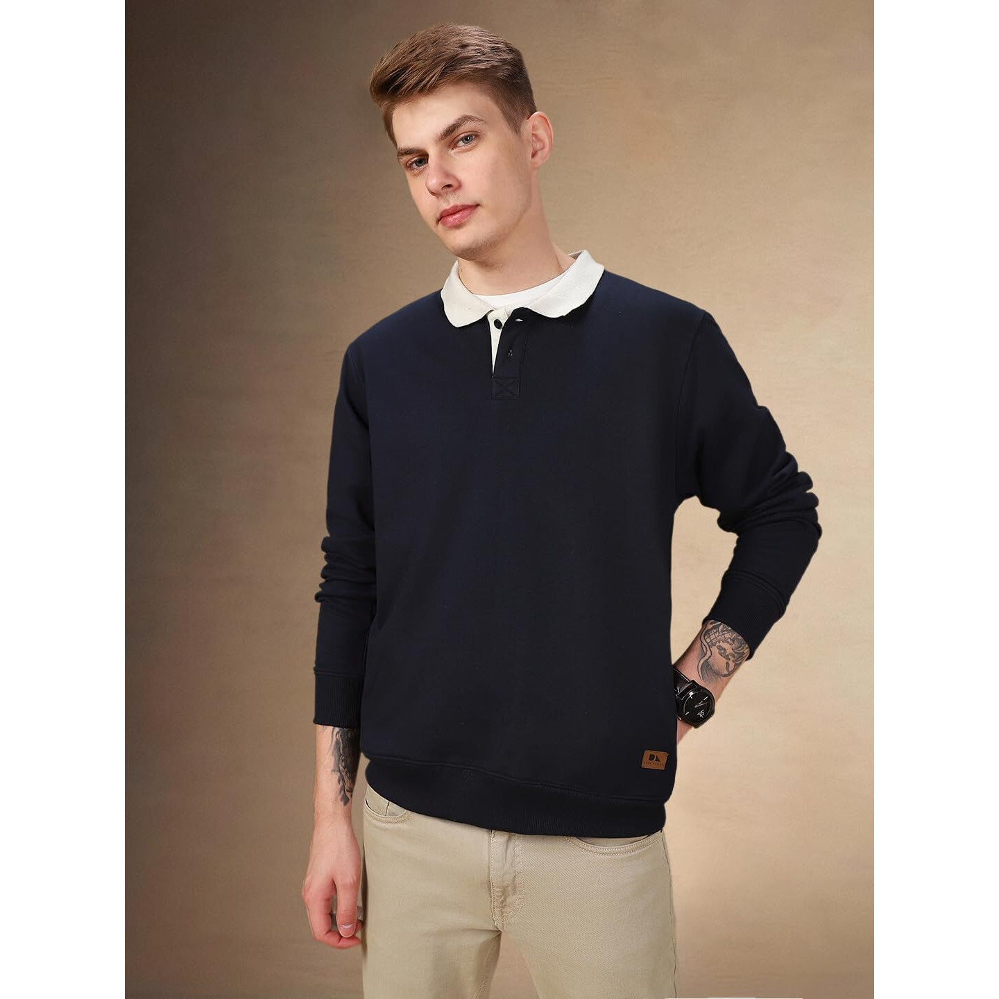 Dennis Lingo Men Solid Polycotton Regular-Fit Full Sleeves Pullover Sweatshirts Navy Blue