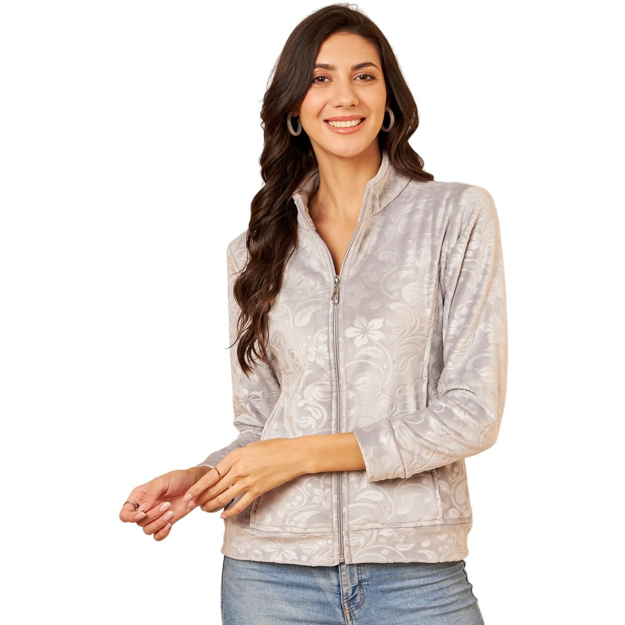 Modeve Full Sleeve Printed Women Jacket -Grey