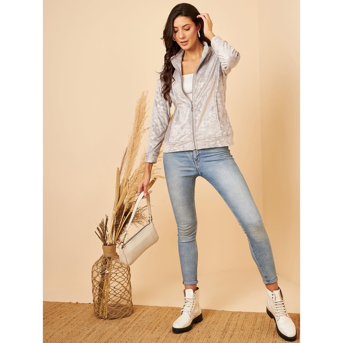 Modeve Full Sleeve Printed Women Jacket -Grey