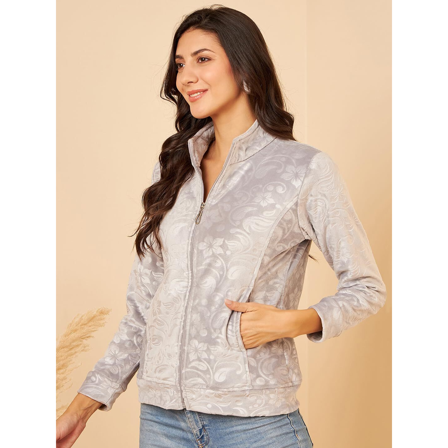Modeve Full Sleeve Printed Women Jacket -Grey