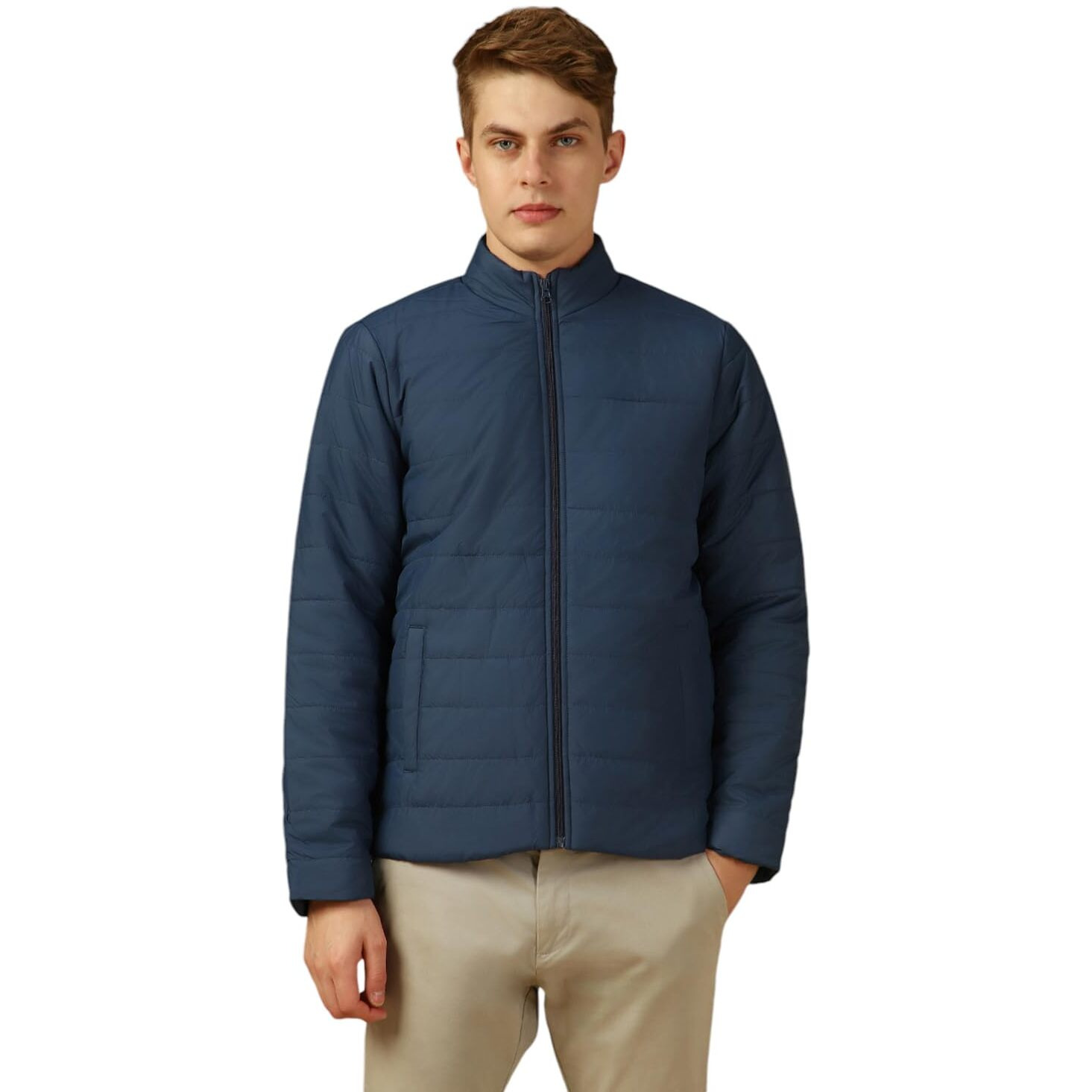 Dennis Lingo Men Blue Solid Regular Fit Full Sleeve Mock Collar Padded Jacket