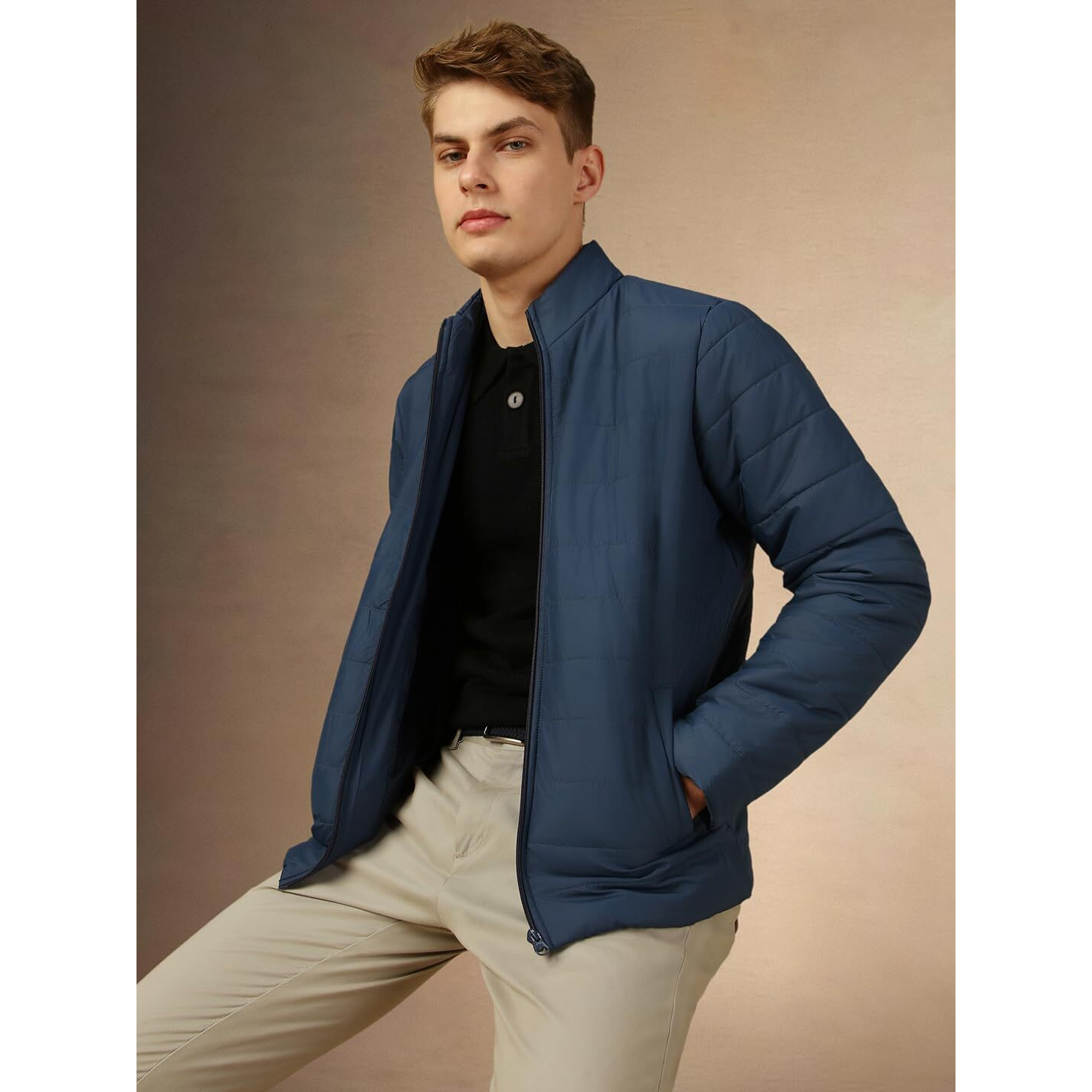 Dennis Lingo Men Blue Solid Regular Fit Full Sleeve Mock Collar Padded Jacket