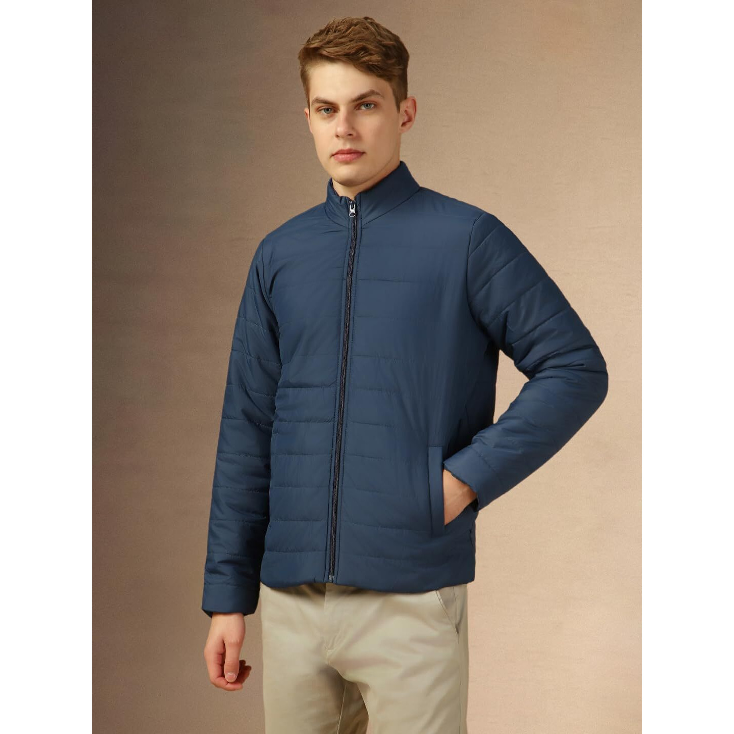 Dennis Lingo Men Blue Solid Regular Fit Full Sleeve Mock Collar Padded Jacket