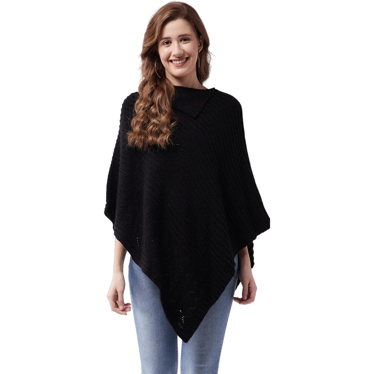 Modeve Women Black Striped Poncho Sweater