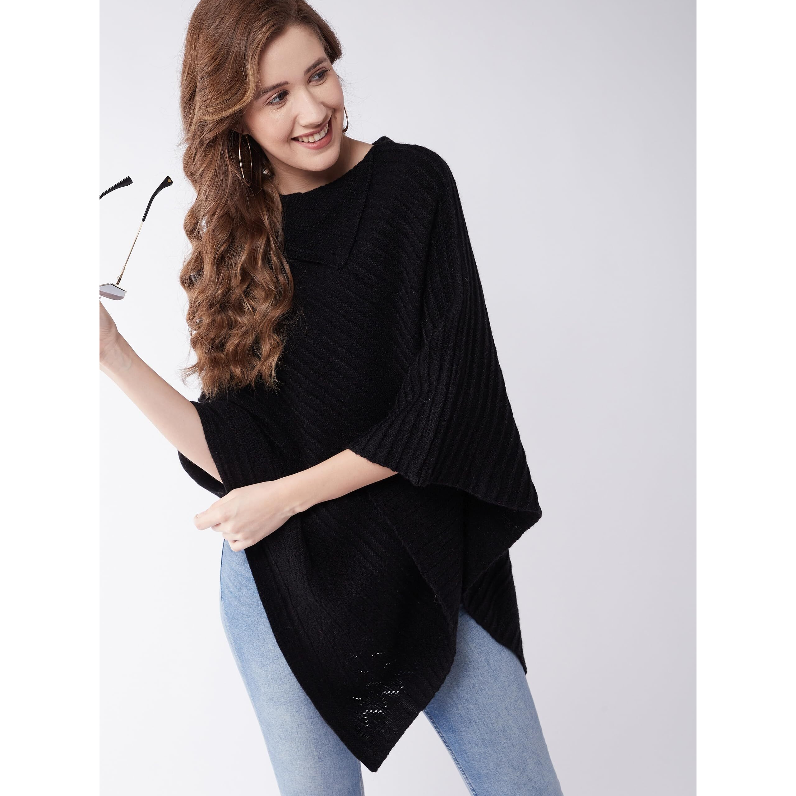 Modeve Women Black Striped Poncho Sweater