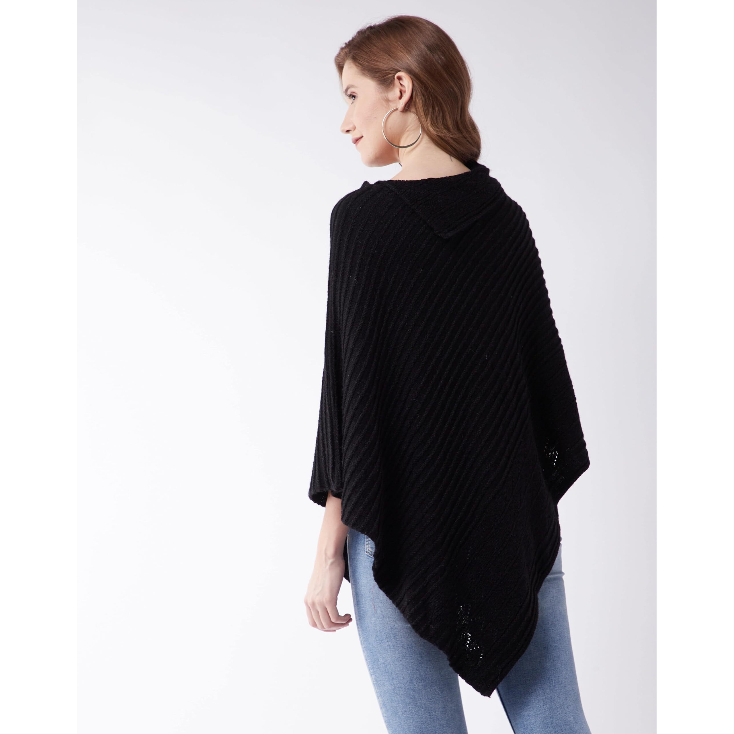 Modeve Women Black Striped Poncho Sweater