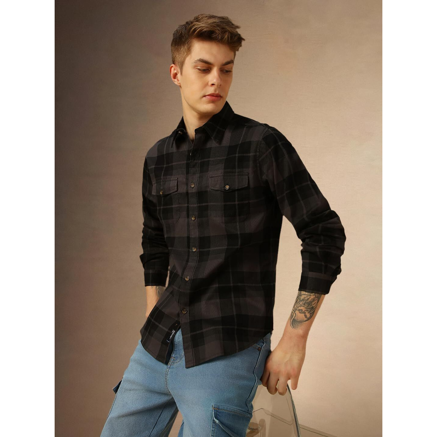 Dennis Lingo Men Grey Checks Cotton Regular Fit Full Sleeve Shirt