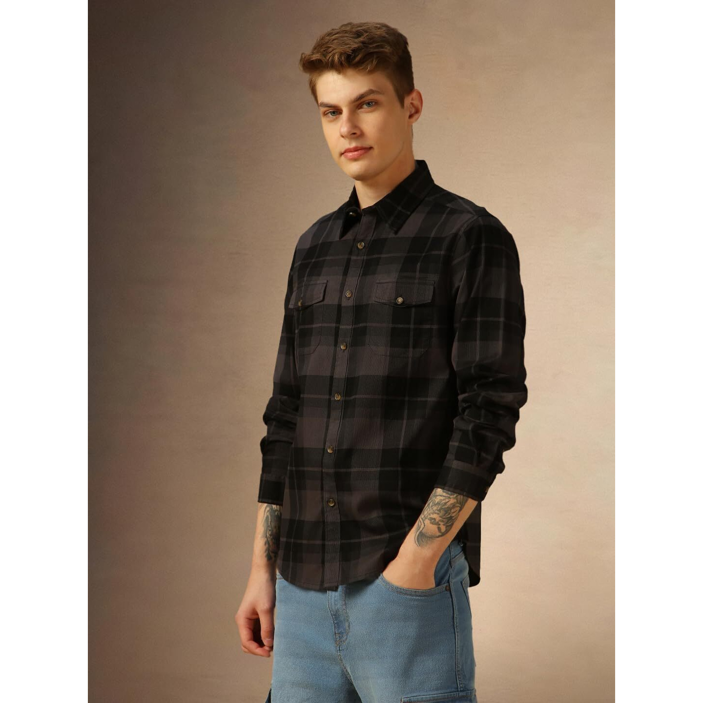 Dennis Lingo Men Grey Checks Cotton Regular Fit Full Sleeve Shirt