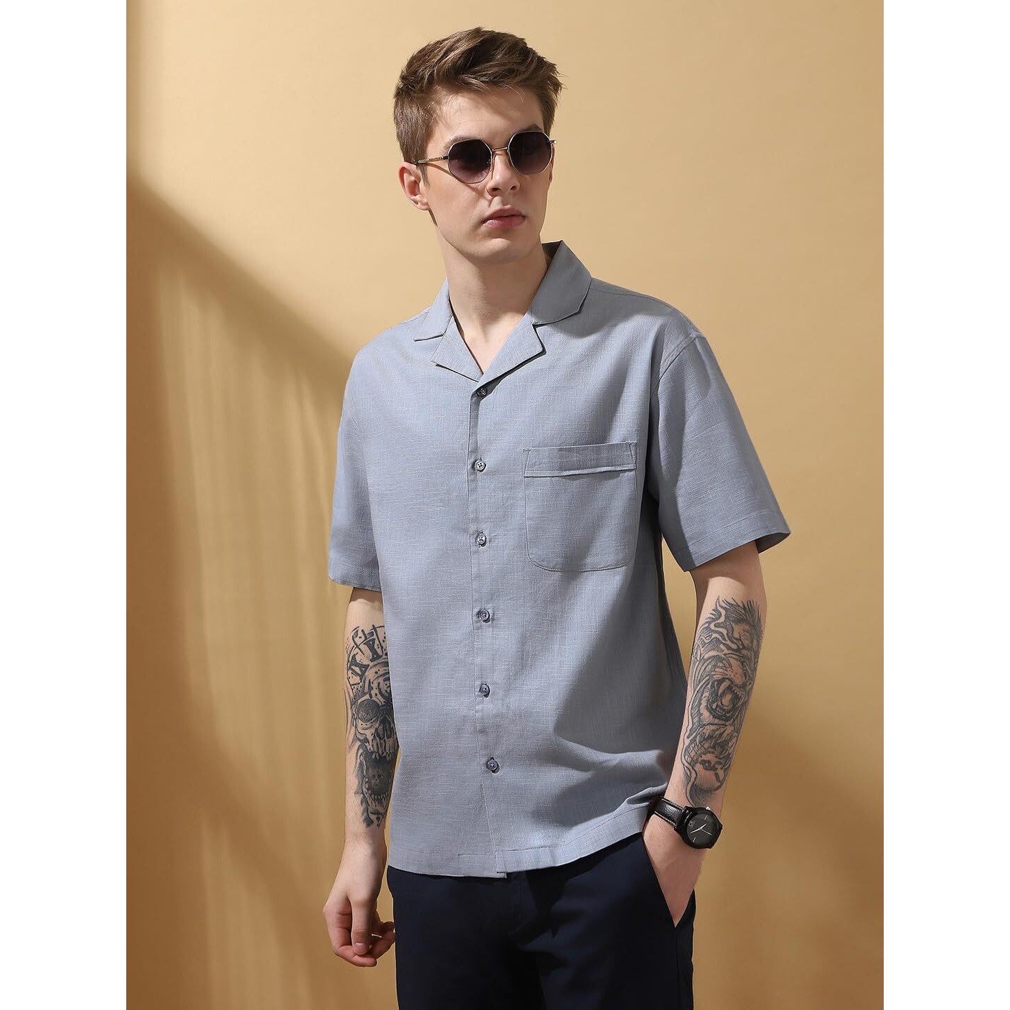 Dennis Lingo Men Relaxed Fit Blue Half Sleeves Cotton Casual Shirt