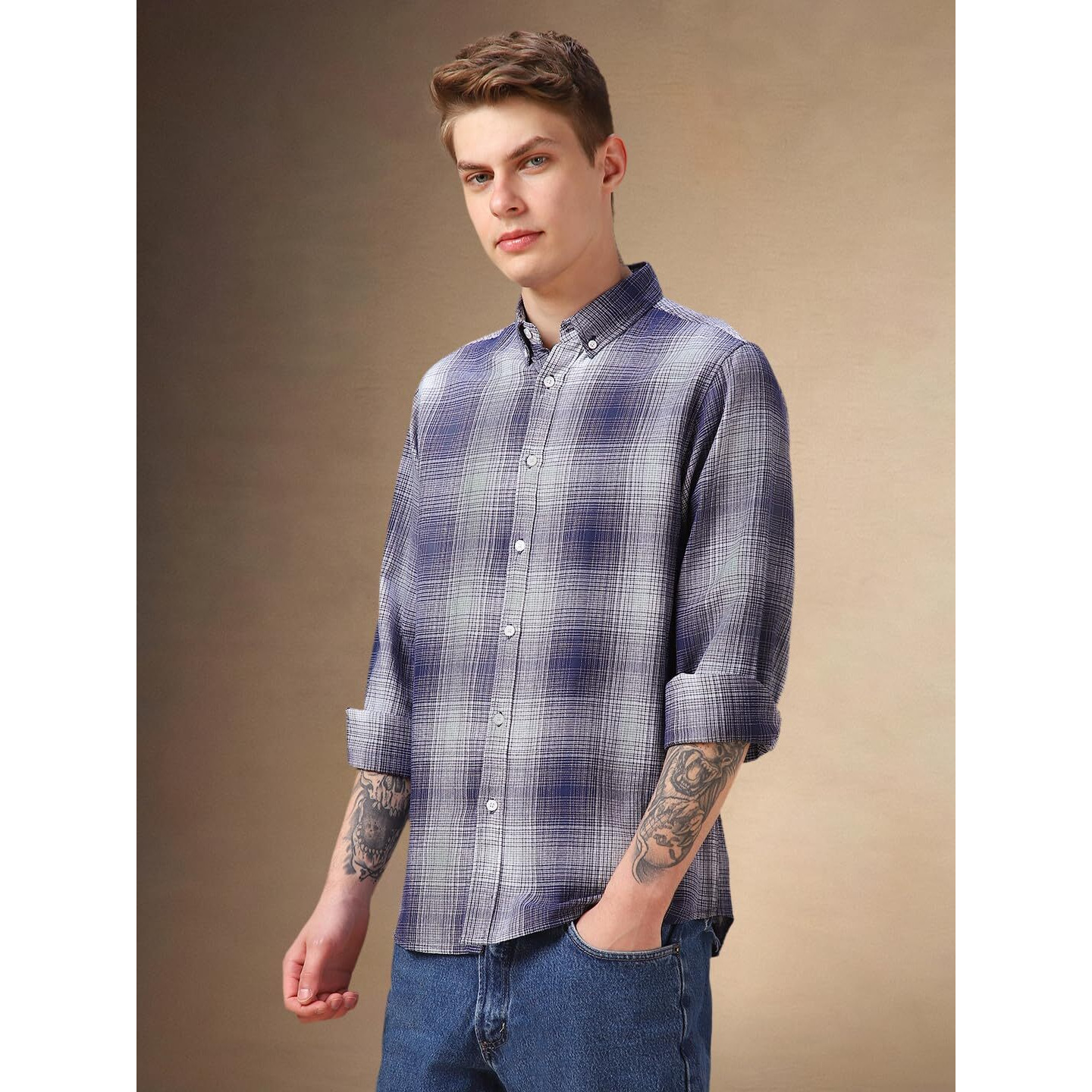 Dennis Lingo Blue Checks Cotton Regular-Fit Full-Sleeve Men Shirts