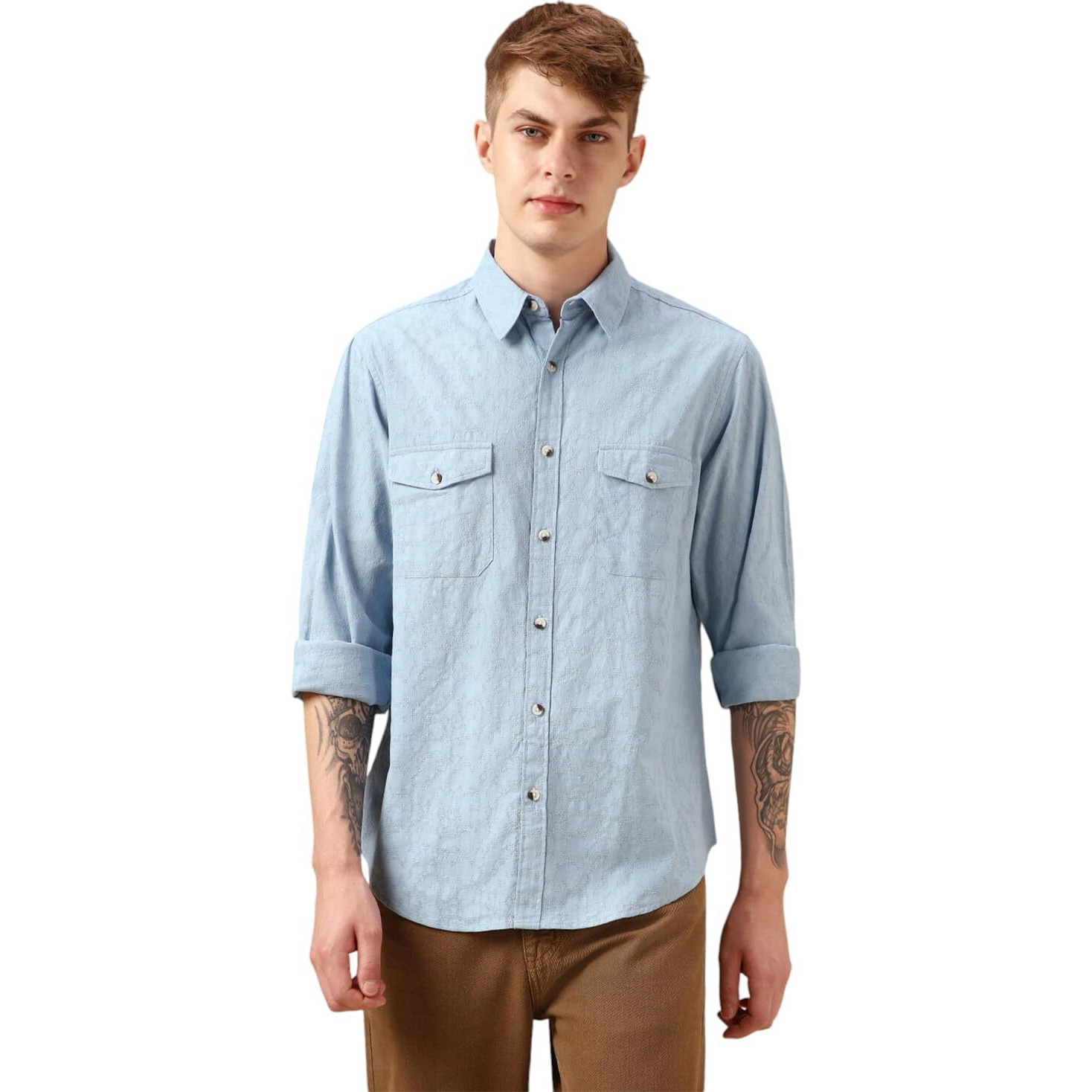 Dennis Lingo Men Blue 100% Cotton Full Sleeve Spread Collar Self Design Shirts