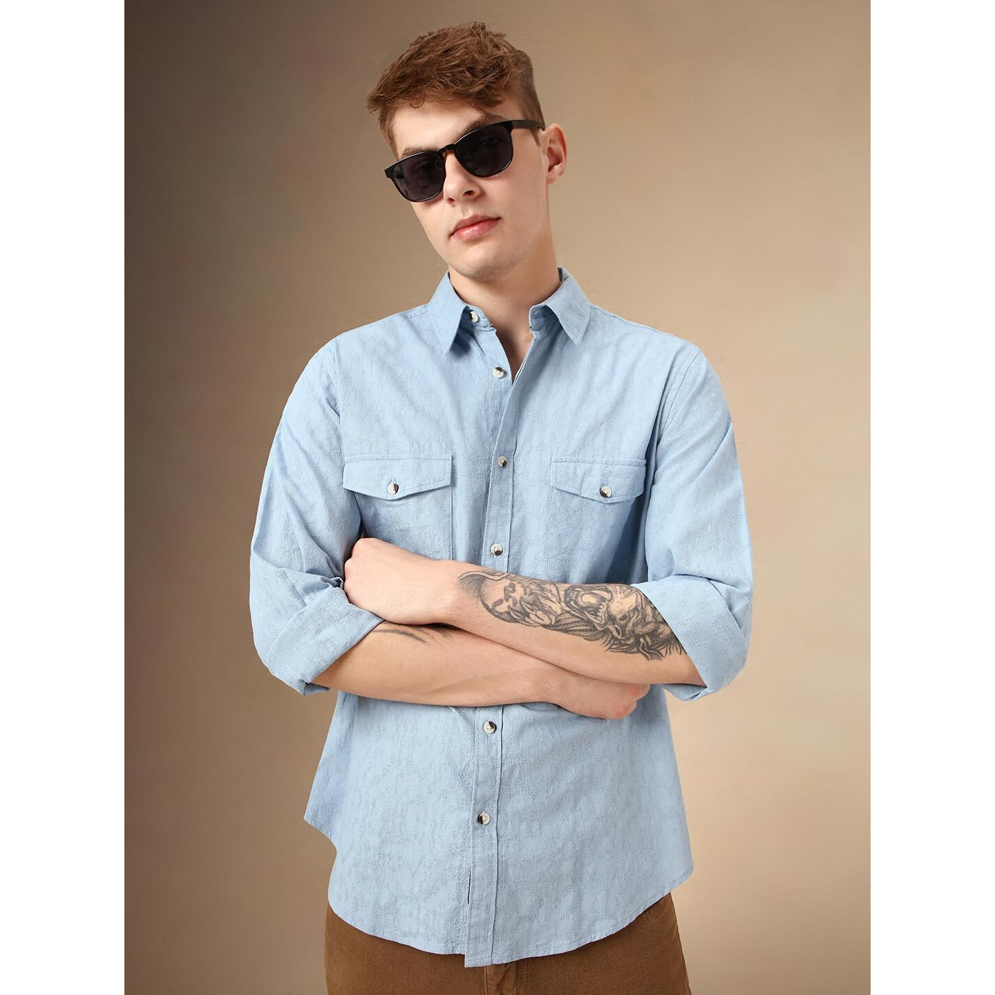 Dennis Lingo Men Blue 100% Cotton Full Sleeve Spread Collar Self Design Shirts