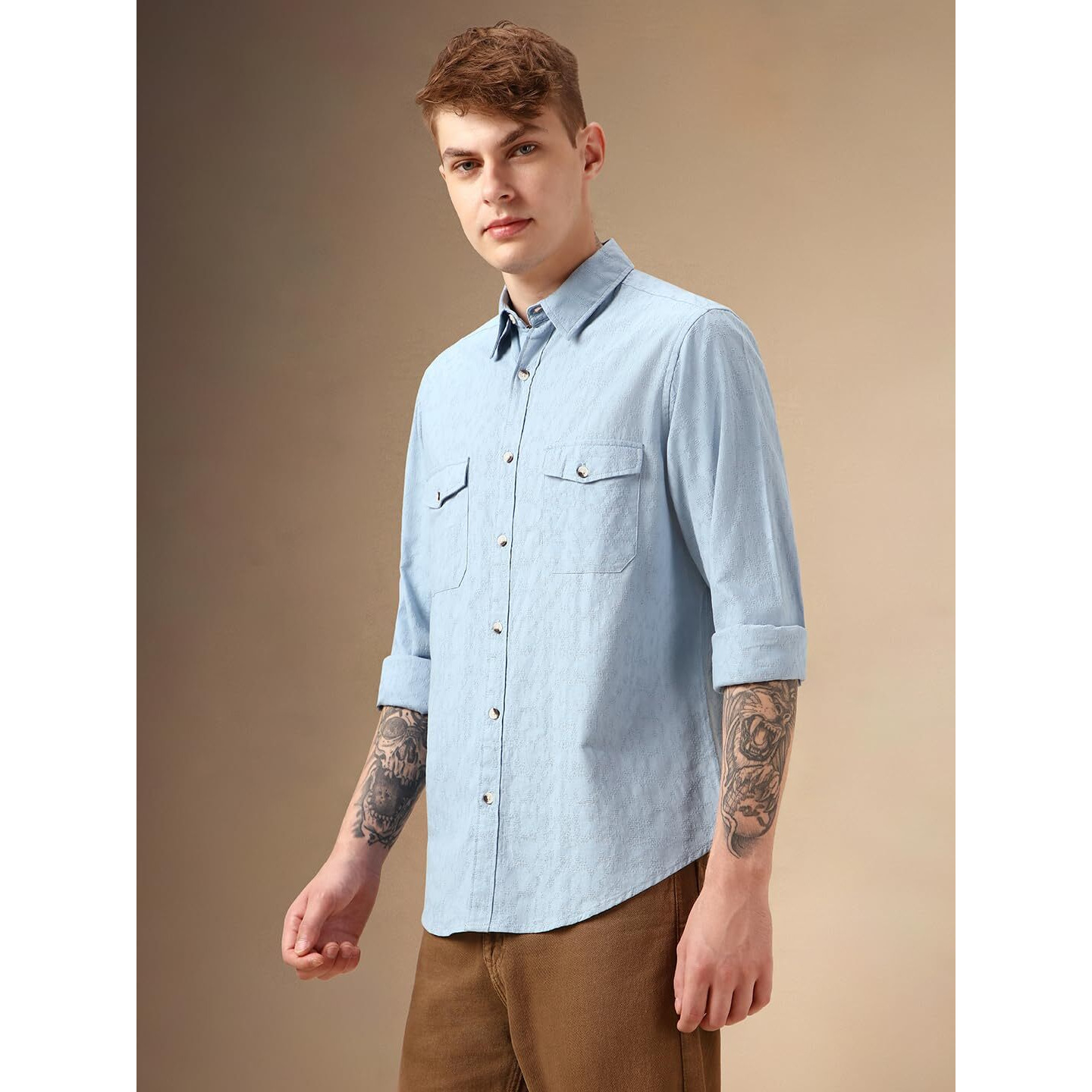 Dennis Lingo Men Blue 100% Cotton Full Sleeve Spread Collar Self Design Shirts