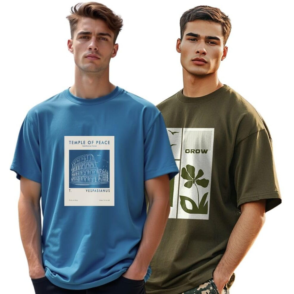 Nobero Men's Graphic Print Oversized Fit T-Shirt (1M-Twts-C0933-X_Marine / Olive Green