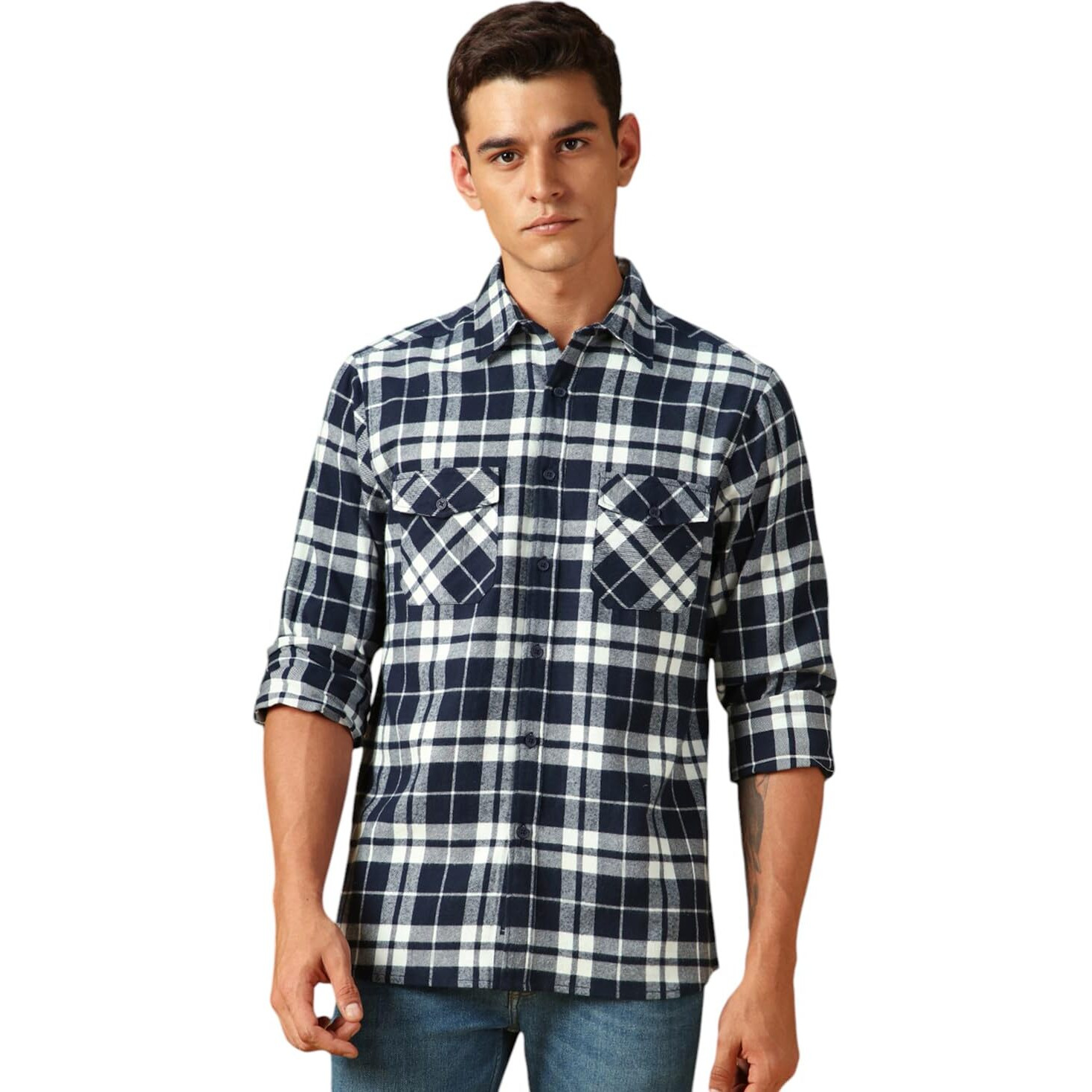 Dennis Lingo Flannel Check 100% Cotton Relaxed Fit Full Sleeves Shirt For Men Navy Blue