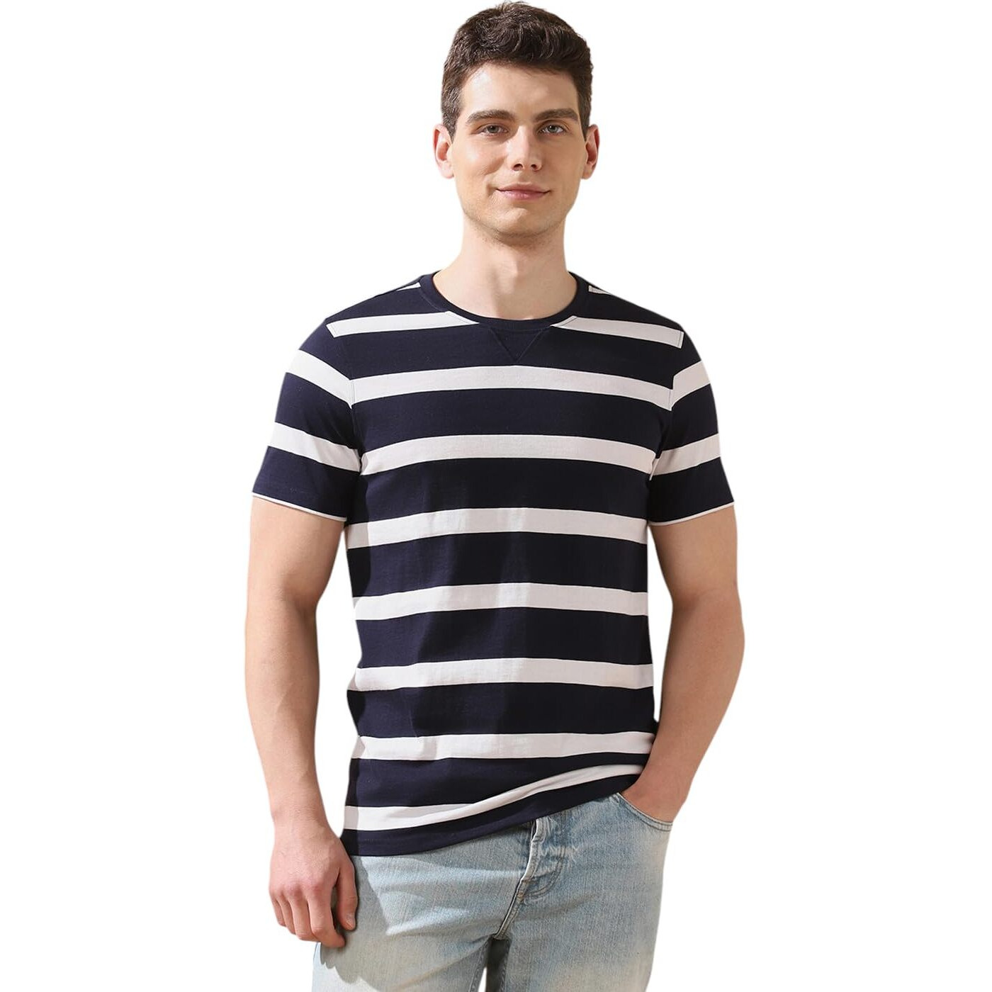 Dennis Lingo Men Navy Blue Blazer Stripes Round Neck Half Sleeves Regular Fit T-Shirt