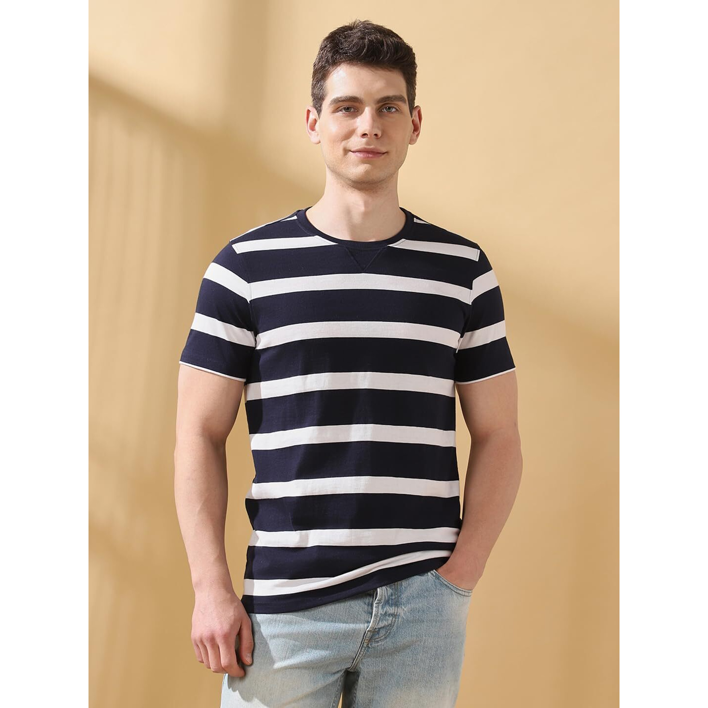 Dennis Lingo Men Navy Blue Blazer Stripes Round Neck Half Sleeves Regular Fit T-Shirt