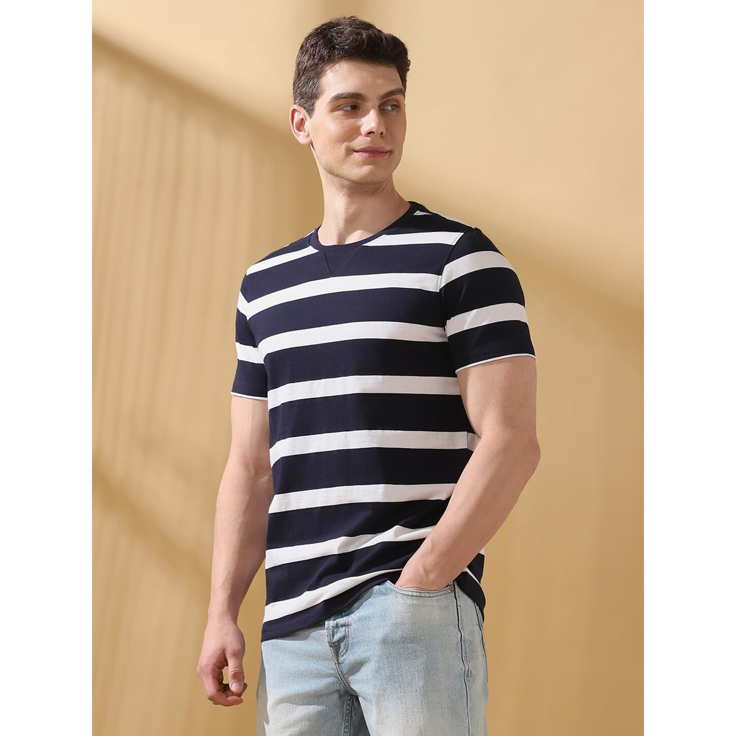 Dennis Lingo Men Navy Blue Blazer Stripes Round Neck Half Sleeves Regular Fit T-Shirt