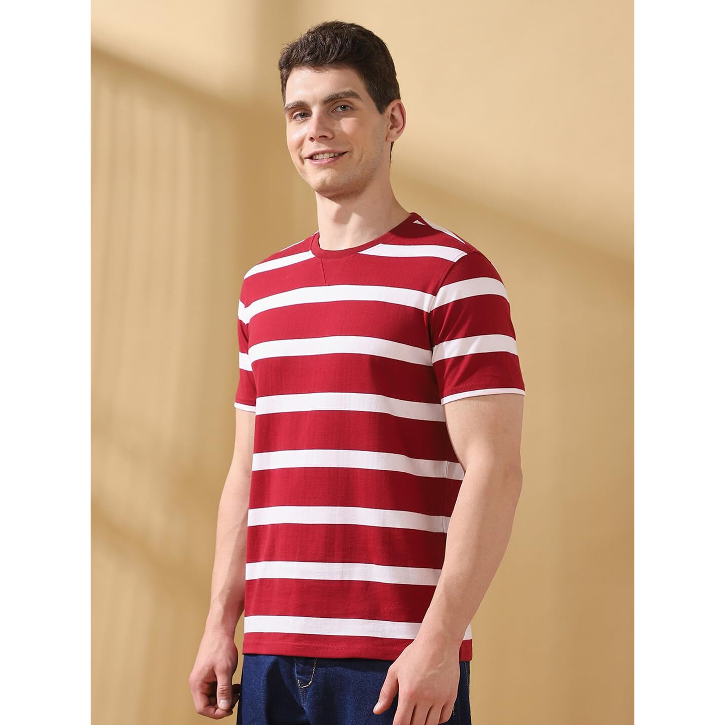 Dennis Lingo Cabernet Stripes Round Neck Half Sleeves Regular Fit T-Shirts For Men