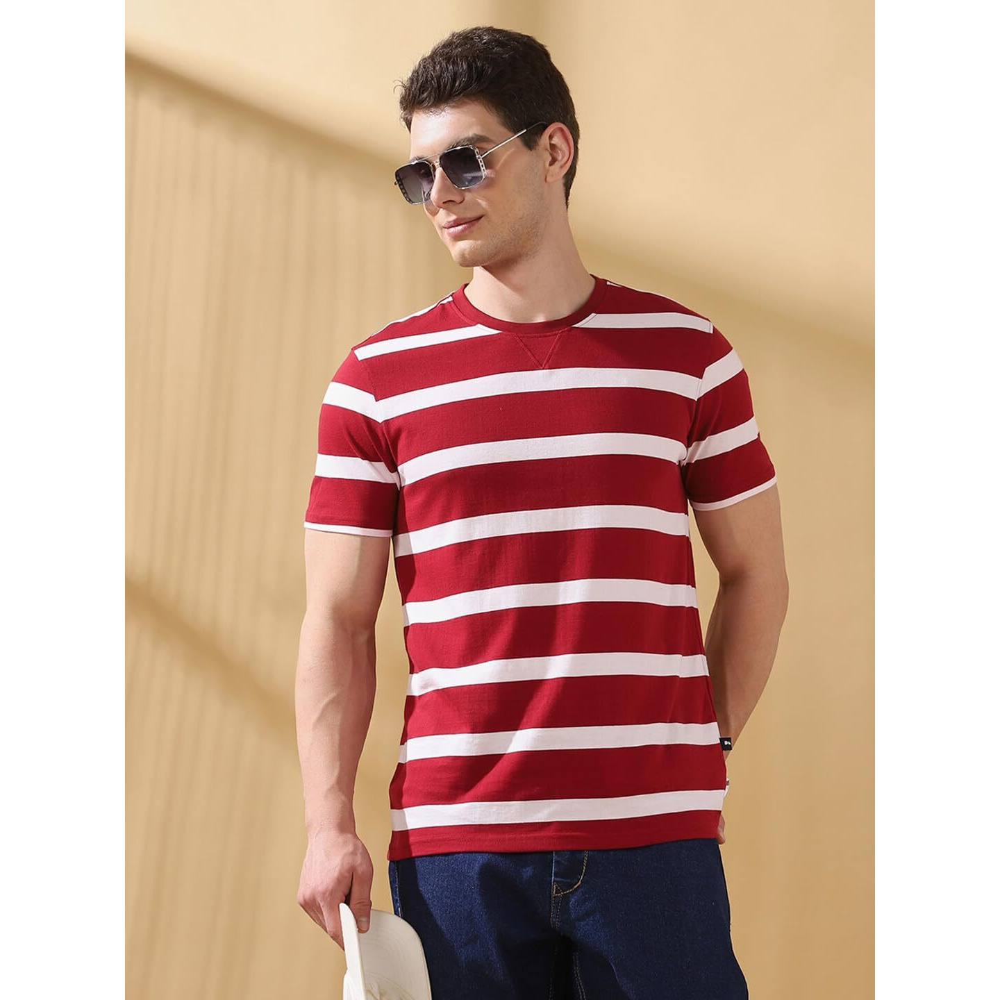 Dennis Lingo Cabernet Stripes Round Neck Half Sleeves Regular Fit T-Shirts For Men