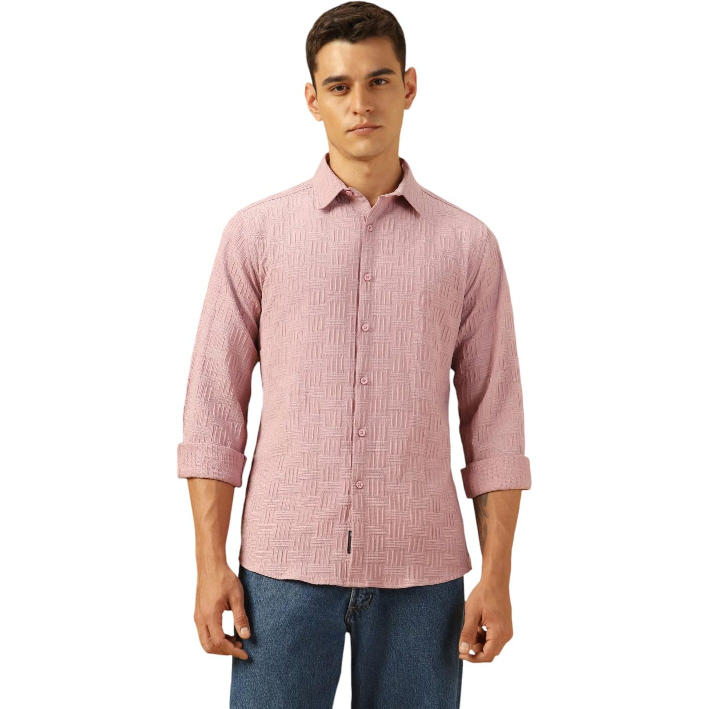 Dennis Lingo Men Regular Fit Cotton Solid Full Sleeves Spread Collar Shirt Pink