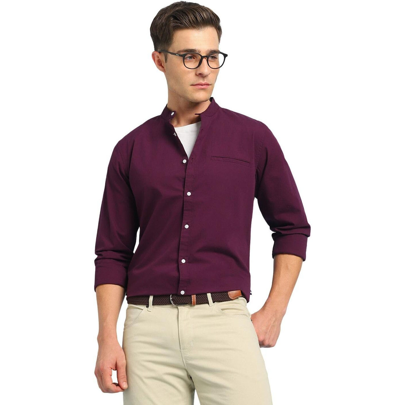 Dennis Lingo Men Solid Mandarin Collar Full Sleeves Regular Fit Casual Shirt