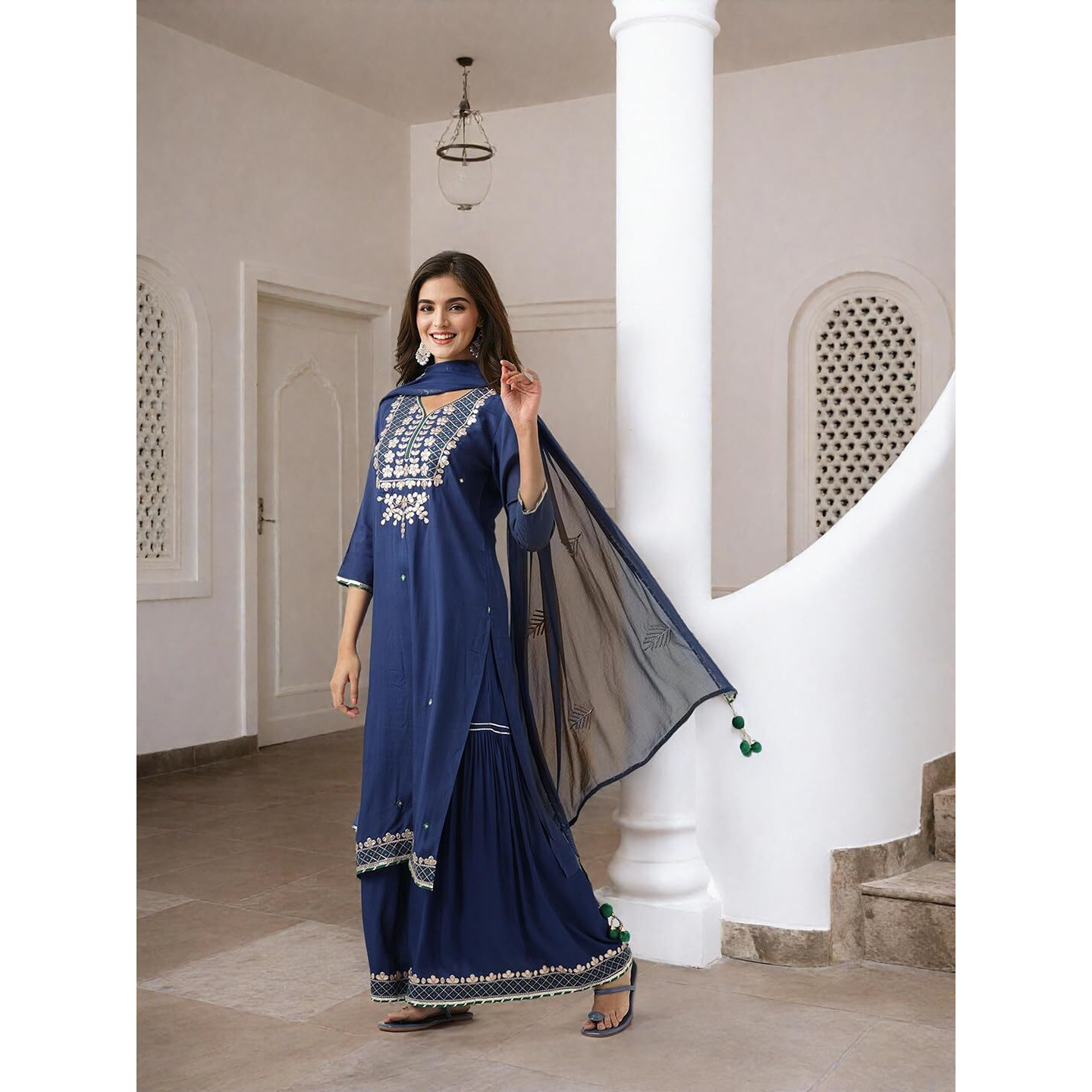 Ishin Gotta Patti Detail Straight Kurta With Sharara And Dupatta