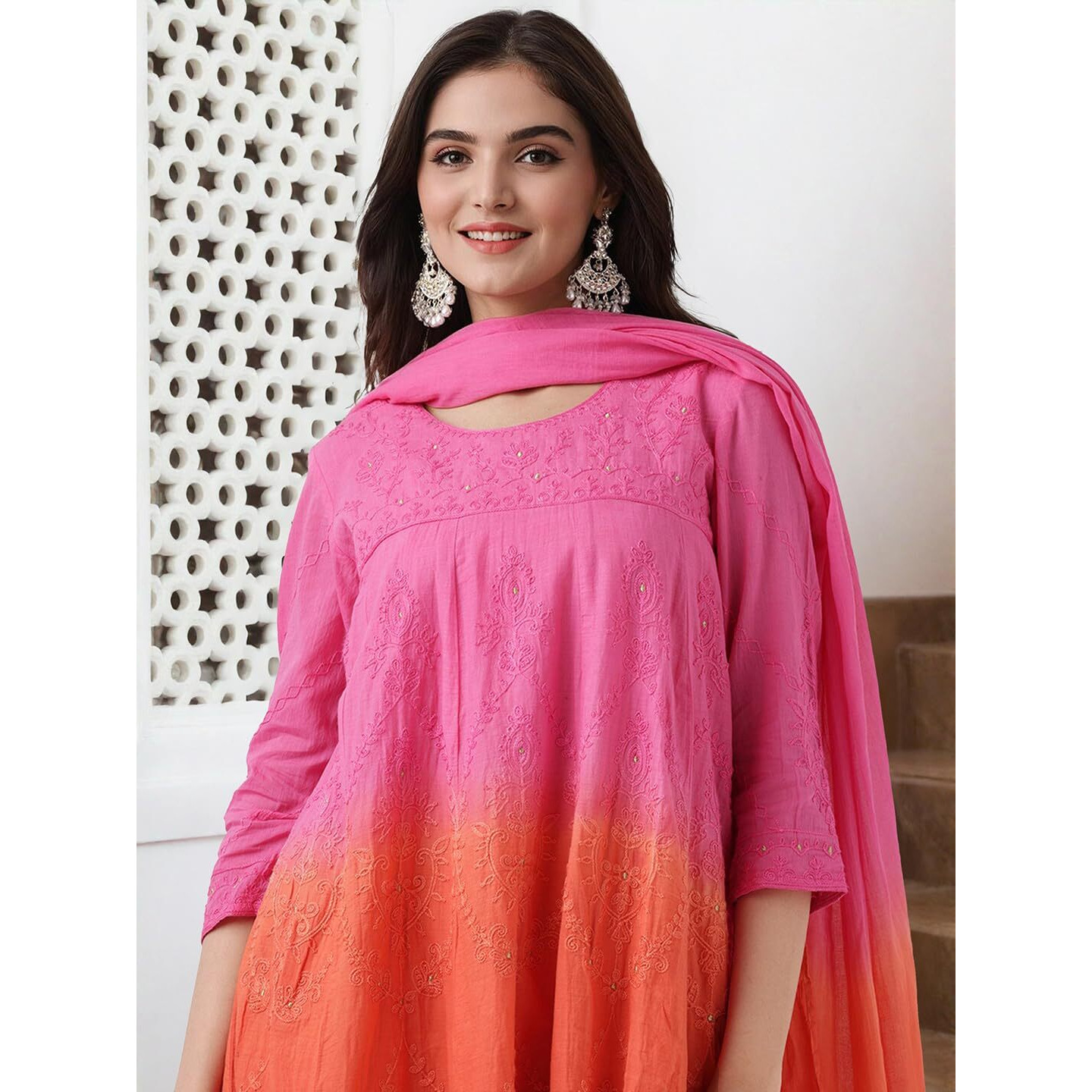 Ishin Ombre Dyed Threadwork Kurta With Pants And Dupatta