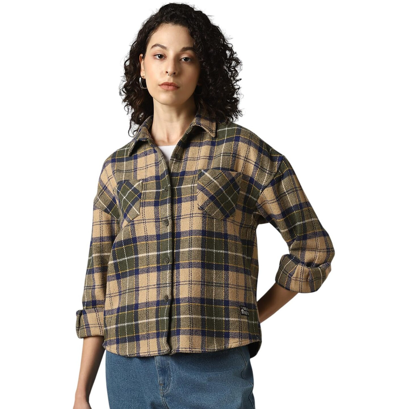Hubberholme Women Cotton Check Oversized Fit Spread Collar Full Sleeves Shirts