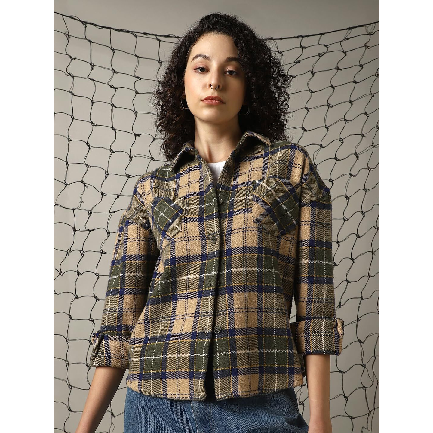 Hubberholme Women Cotton Check Oversized Fit Spread Collar Full Sleeves Shirts