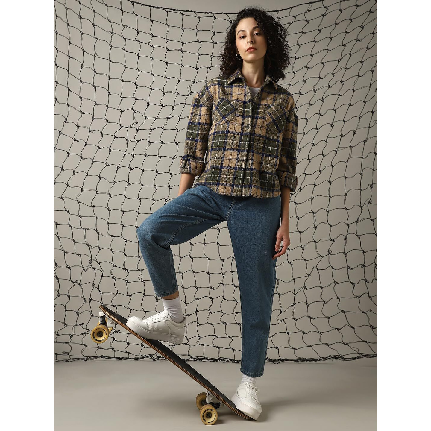 Hubberholme Women Cotton Check Oversized Fit Spread Collar Full Sleeves Shirts