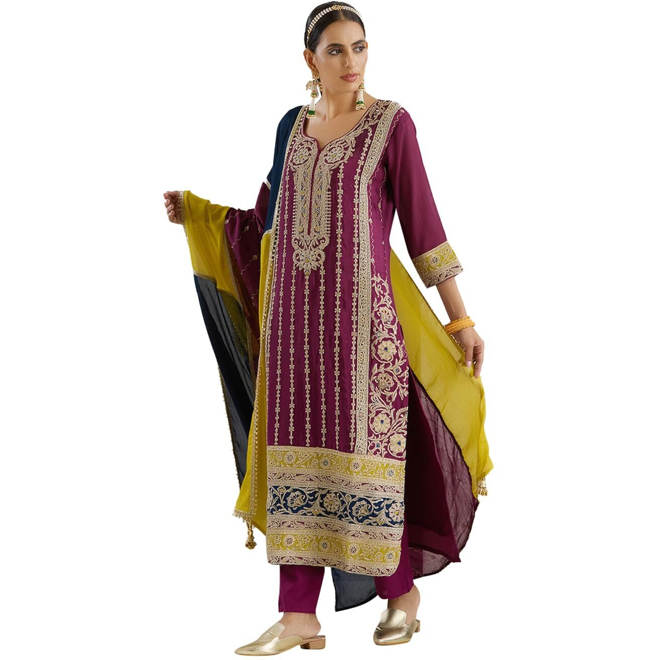 Ishin Gold Zari Embroidered Straight Festive Kurta With Pants And Dupatta