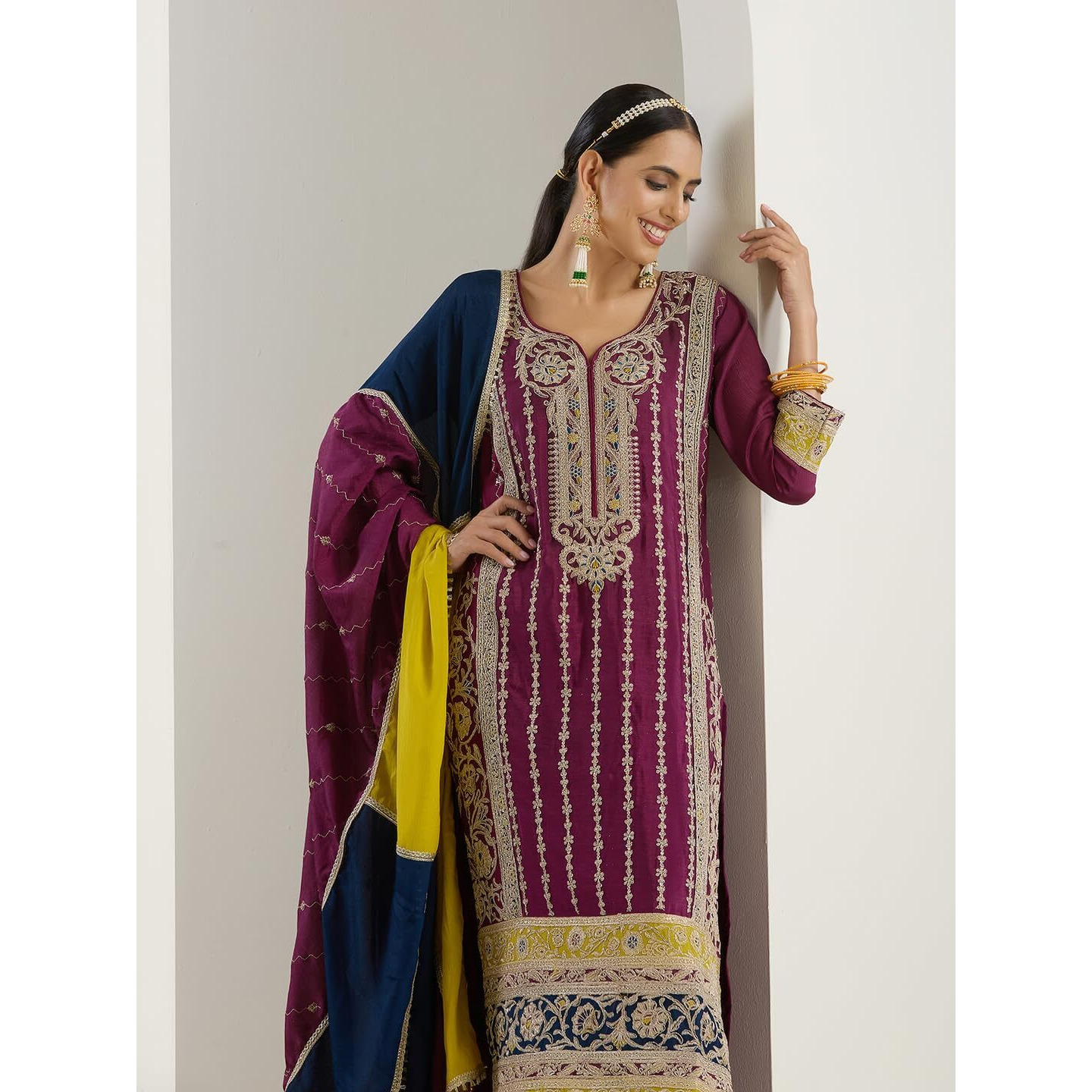 Ishin Gold Zari Embroidered Straight Festive Kurta With Pants And Dupatta