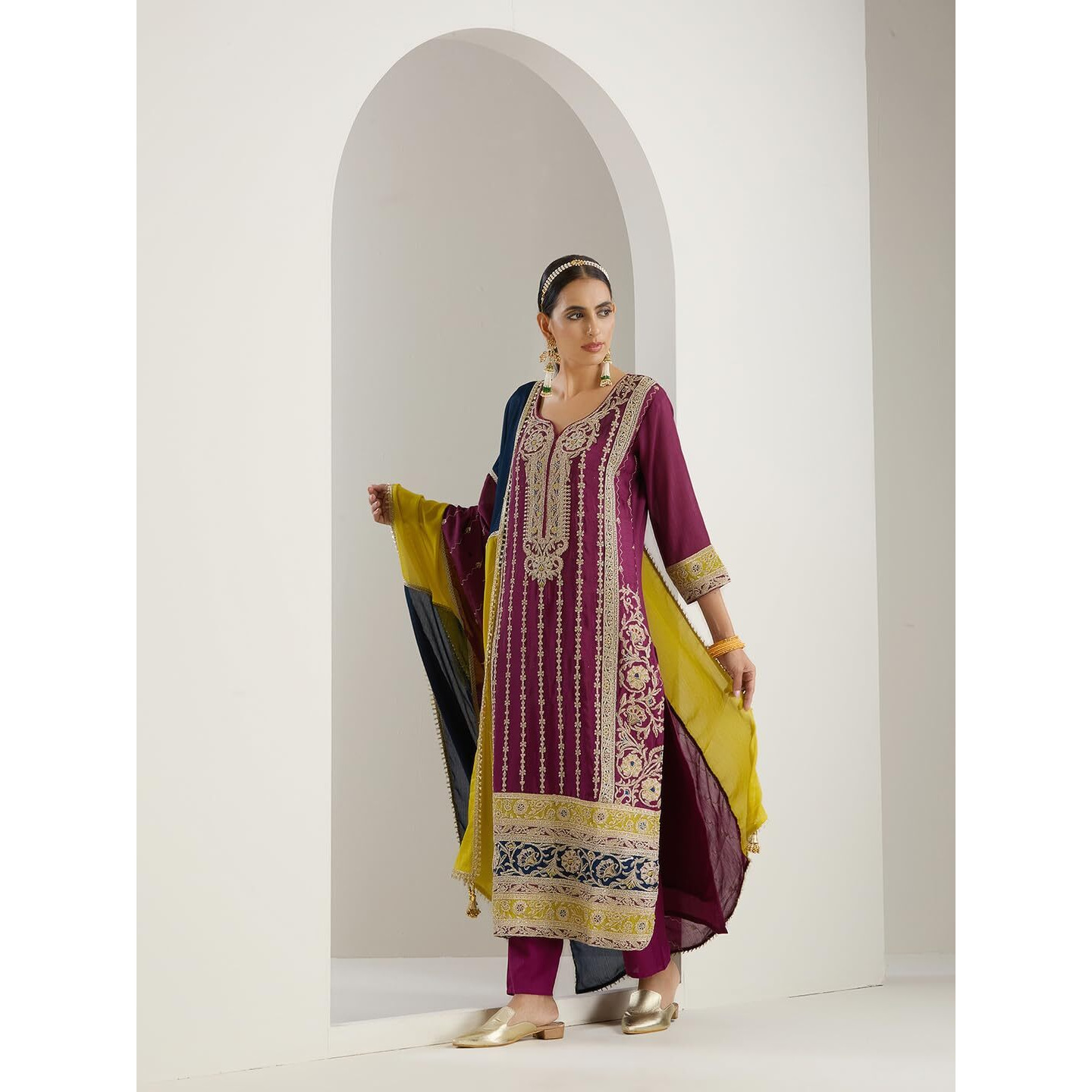 Ishin Gold Zari Embroidered Straight Festive Kurta With Pants And Dupatta