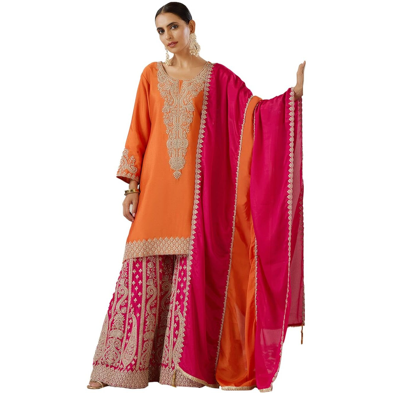 Ishin Gold Zari Embroidered Short Kurta With Embroidered Sharara And Dupatta