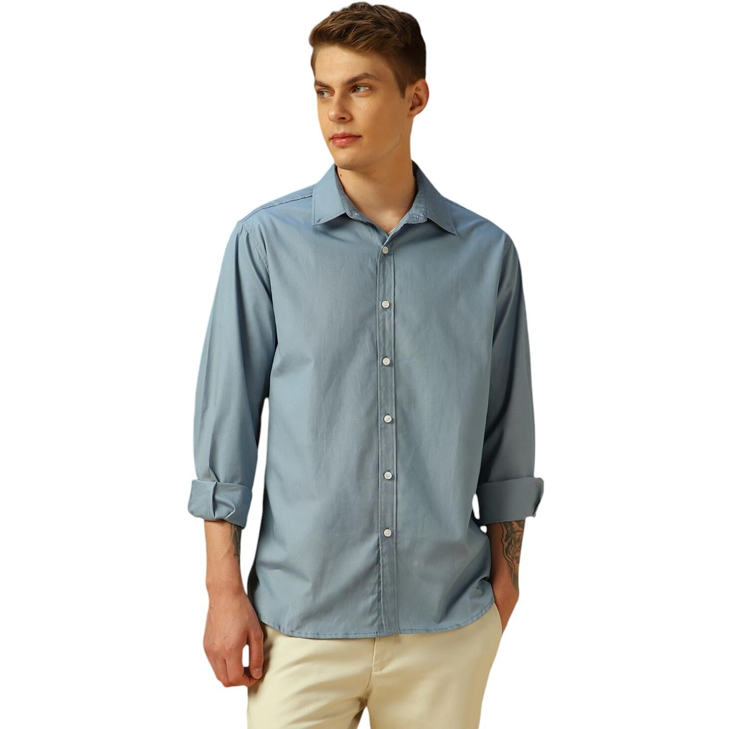 Dennis Lingo Men's Dusty Blue Full Sleeve Spread Collar Solid Regular Fit Casual Shirt