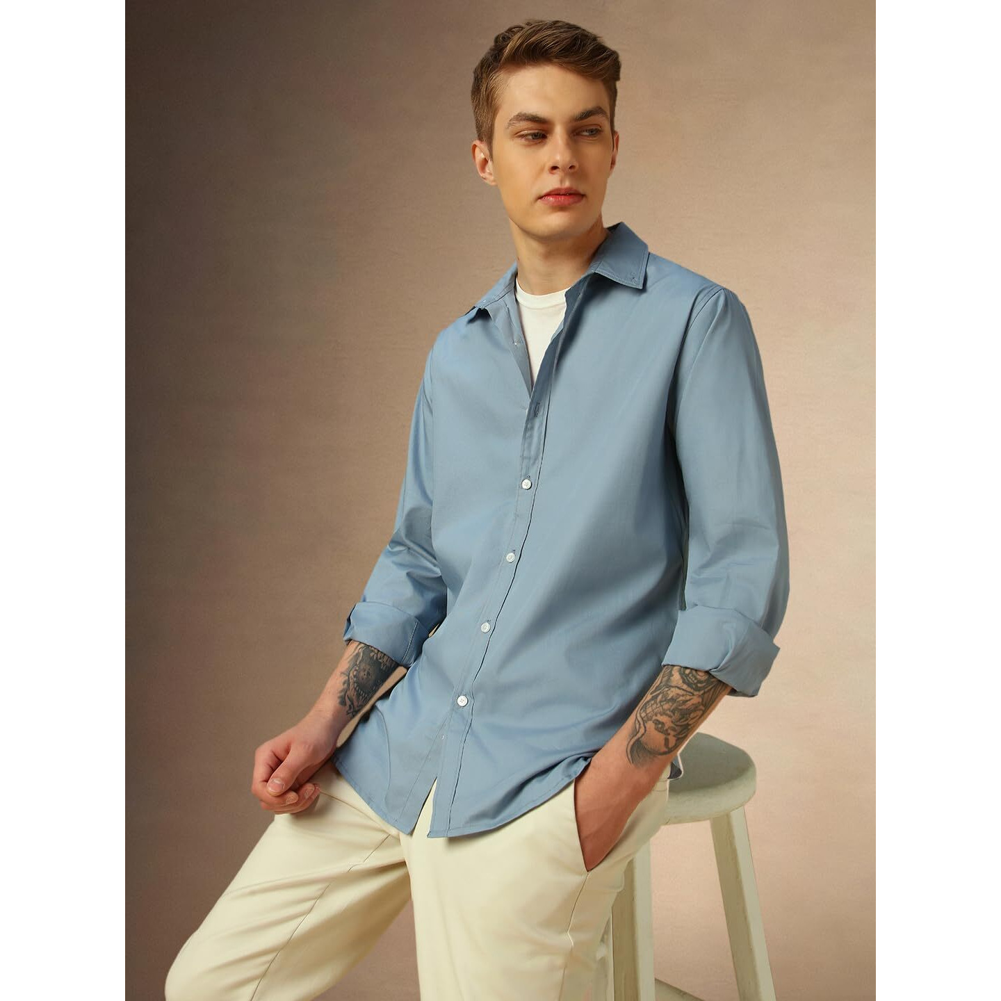 Dennis Lingo Men's Dusty Blue Full Sleeve Spread Collar Solid Regular Fit Casual Shirt