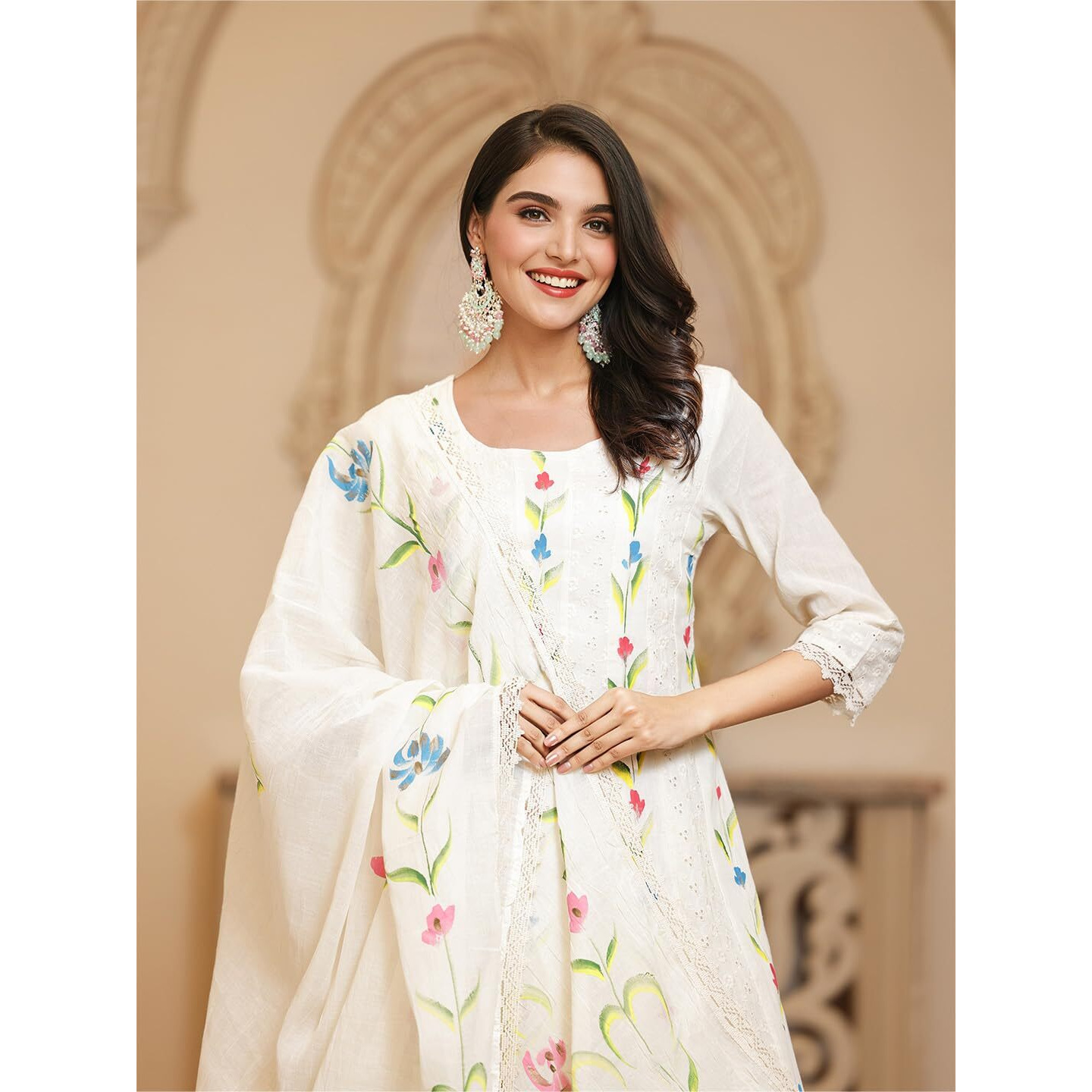 Ishin Hand Painted Schiffli A-Line Kurta With Pants And Dupatta