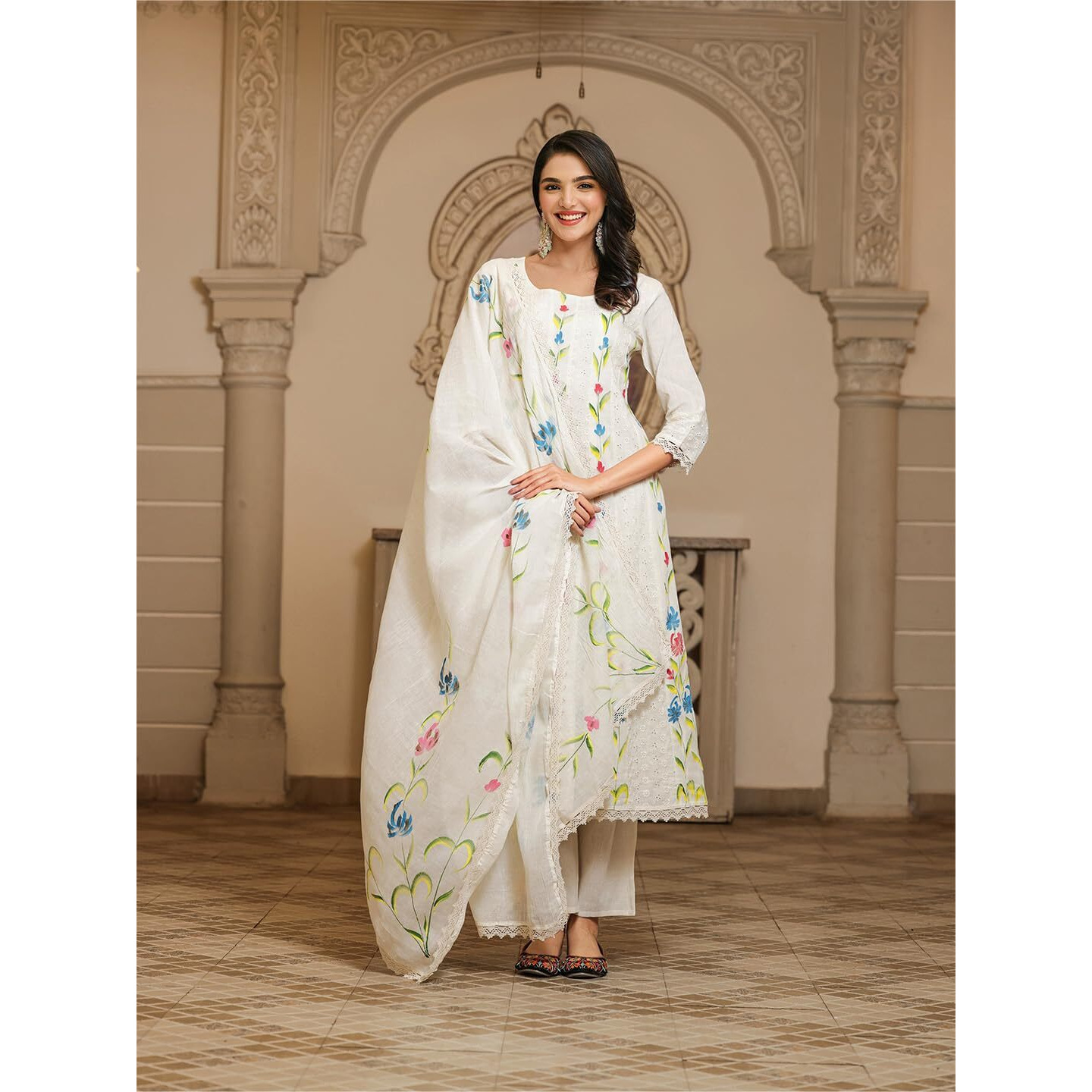 Ishin Hand Painted Schiffli A-Line Kurta With Pants And Dupatta