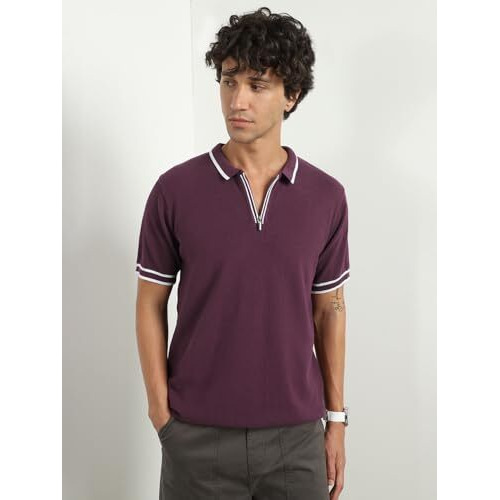 Nobero Men's Self Design Regular Fit Polo Shirt (1M-Twpo-R0028_Midnight Plum