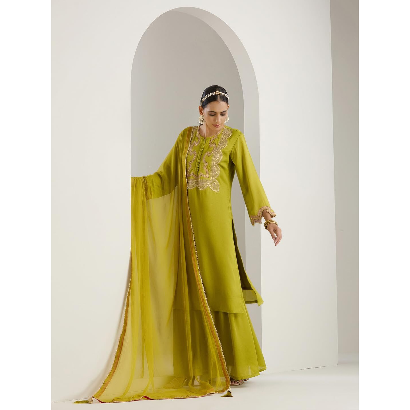 Ishin Gold Zari Detail Embroidered Straight Festive Kurta With Sharara And Dupata